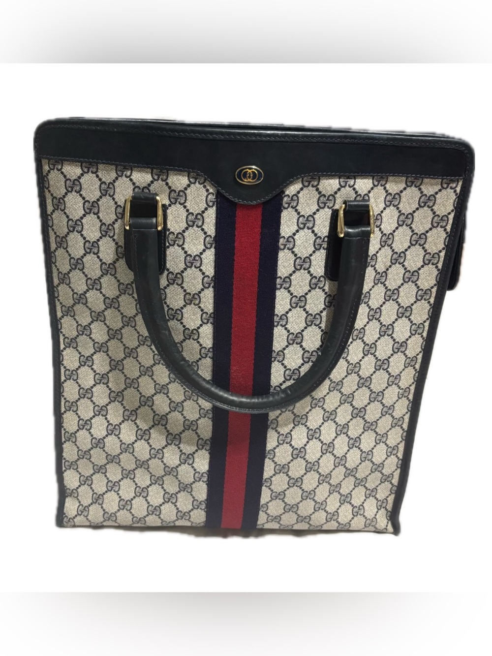 Gucci Vintage Accessory Collection Navy Monogram Web Stripe Tote